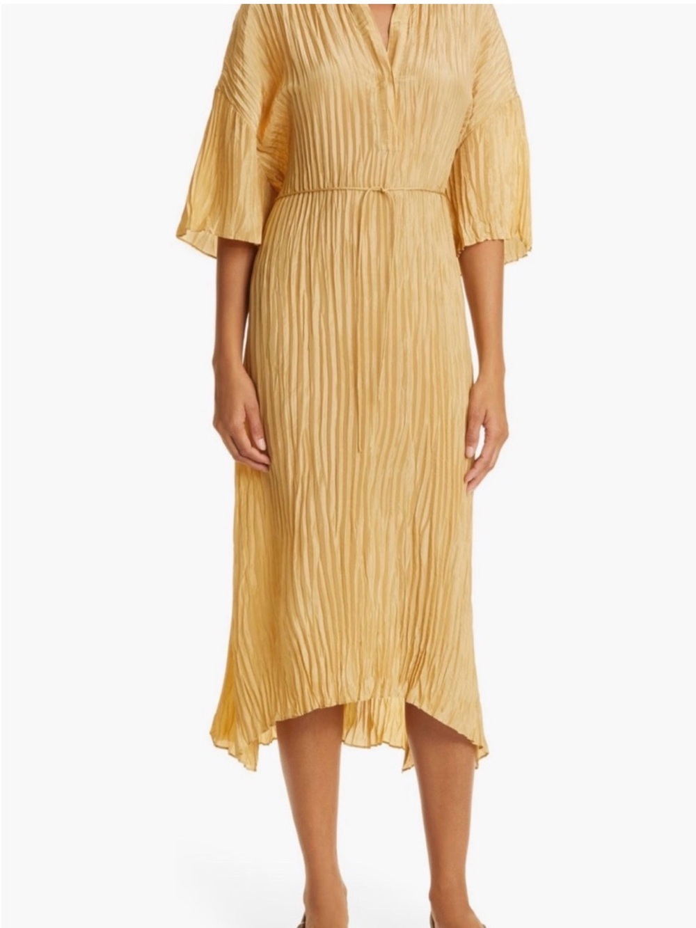 Vince Pleated High-Low Midi Dress in Mustard Yellow
